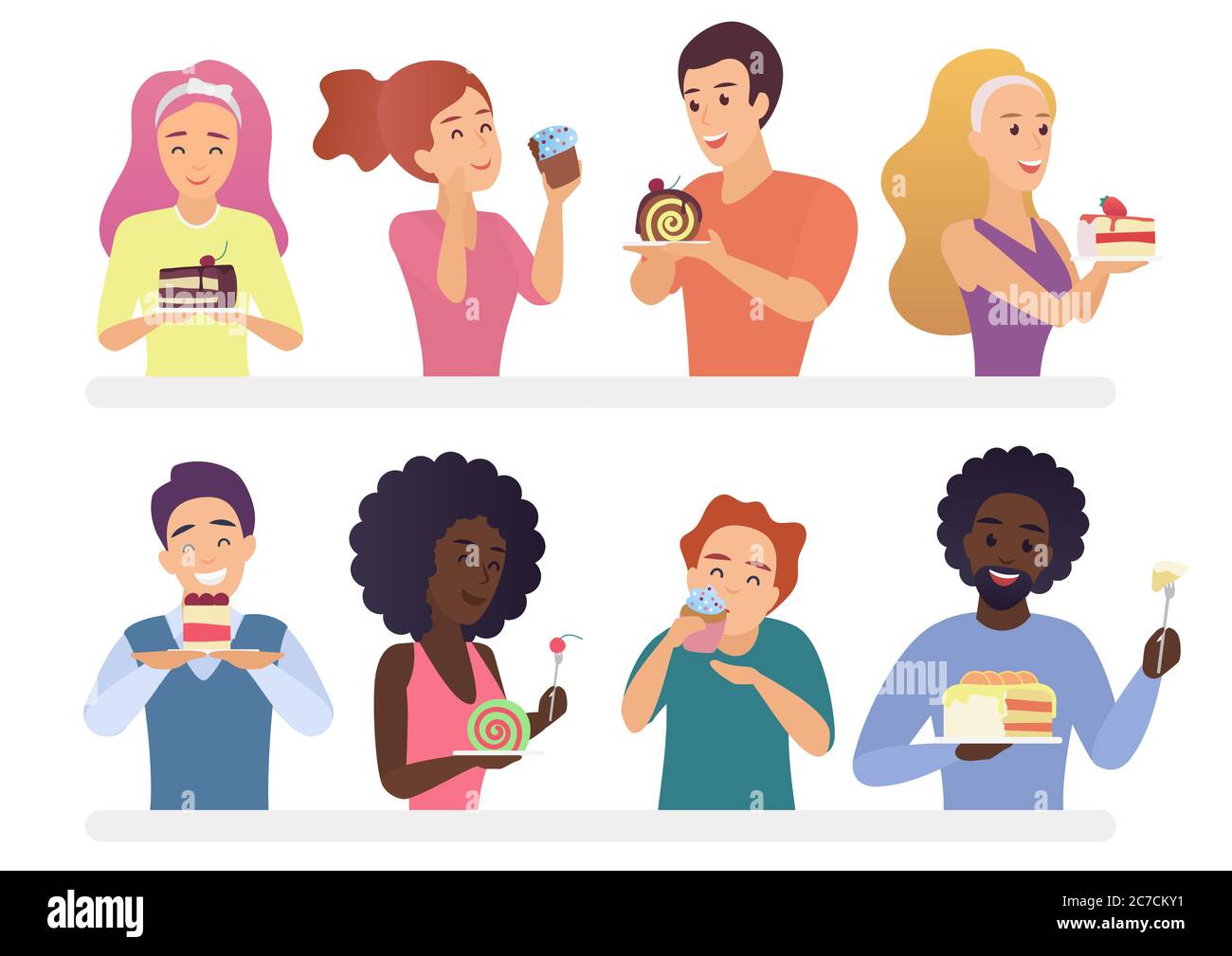 Happy People mangiare torta e dolci set. Illustrazione vettoriale di un fumetto uomo e donna dal dente dolce Illustrazione Vettoriale
