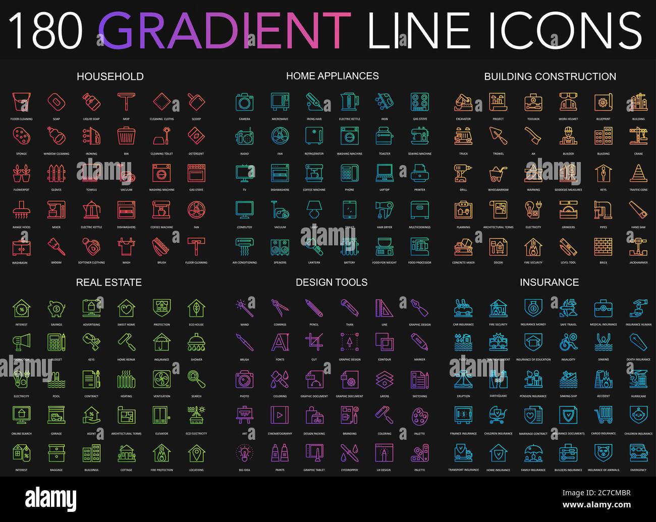 180 icone di linea sottile di stile di gradiente trendy insieme di elettrodomestici, elettrodomestici, costruzione di edifici, immobili, strumenti di progettazione, assicurazione isolato su sfondo nero Illustrazione Vettoriale