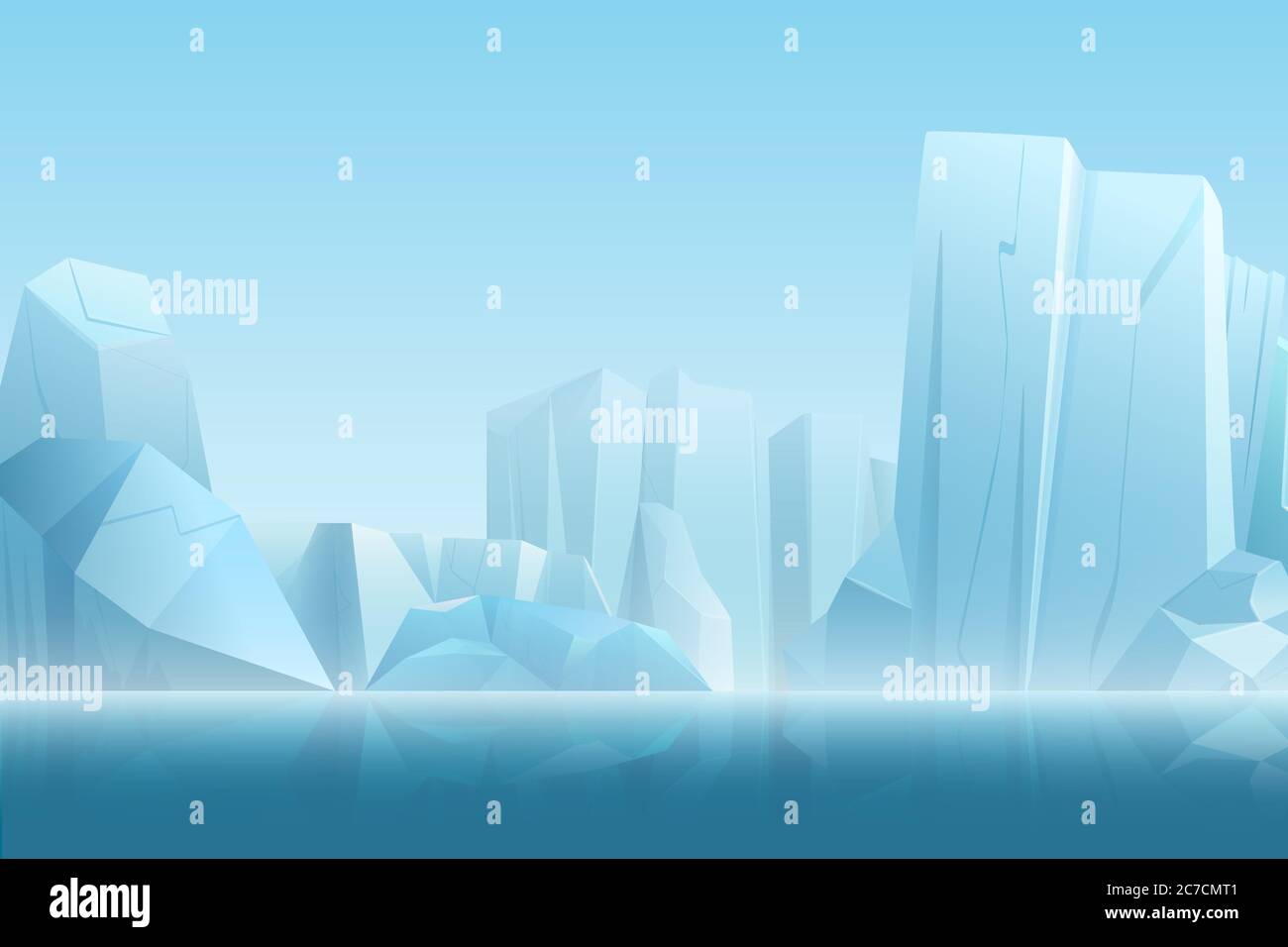 Paesaggio artico invernale con iceberg in blu scuro acqua pura e neve montagne colline in morbido bianco nebbia illustrazione vettoriale Illustrazione Vettoriale