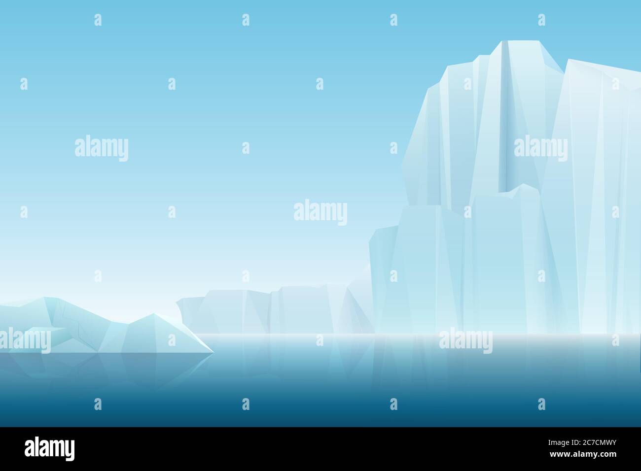 Fotorealistica nebbia tenue ghiaccio artico montagne con mare blu, paesaggio invernale. Illustrazione di sfondo natura vettoriale Illustrazione Vettoriale