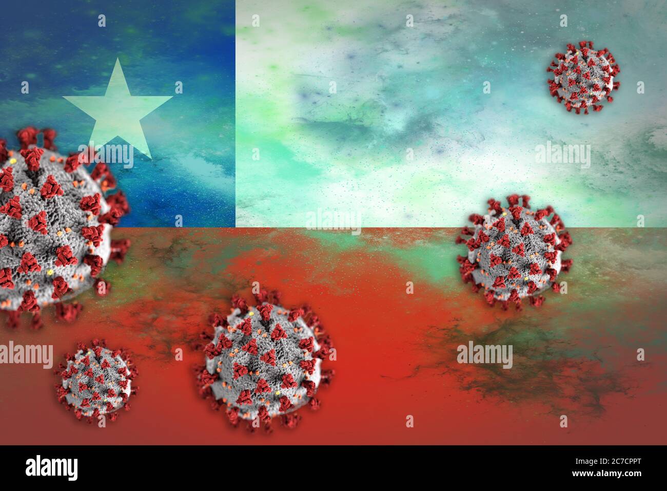 Concetto di Coronavirus o di particelle di Covid-19 che oscilla bandiera del Cile simboleggiando l'epidemia. Foto Stock