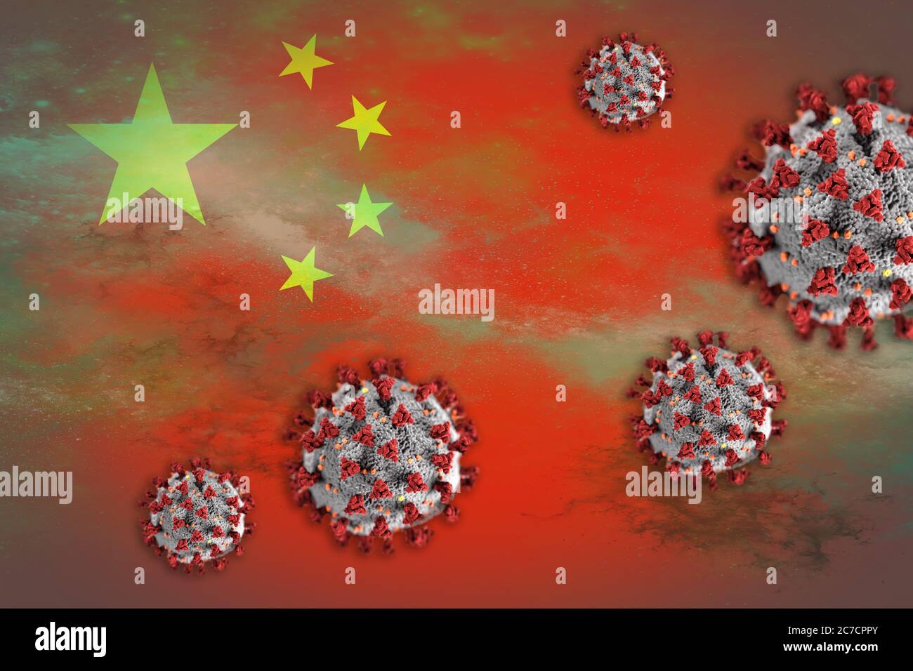 Concetto di Coronavirus o di particelle Covid-19 che oscilla bandiera della Cina simboleggiando l'epidemia. Foto Stock