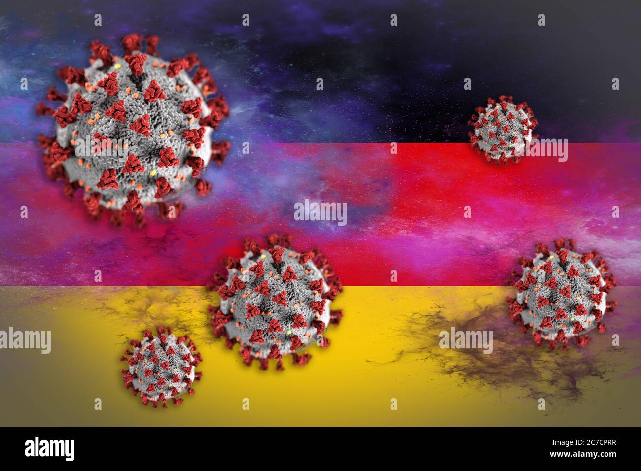 Concetto di Coronavirus o di particelle di Covid-19 che oscilla bandiera della Germania simboleggiando l'epidemia. Foto Stock