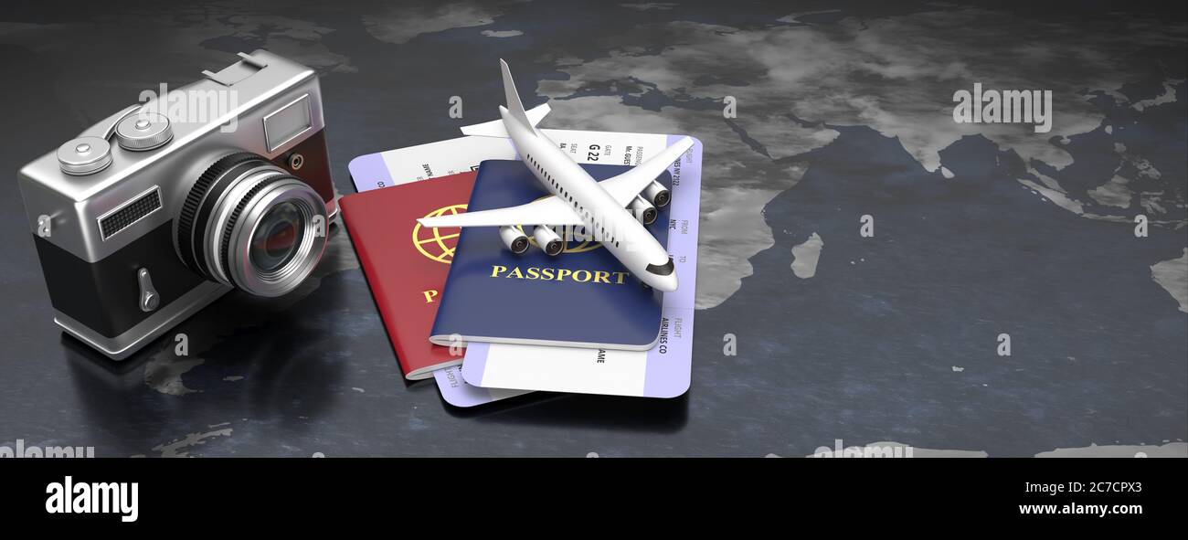 Fotocamera fotografica e documenti di viaggio sullo sfondo della mappa del mondo, spazio di copia, banner. Fotografia di viaggio, concetto di accessori di volo. illustrazione 3d Foto Stock