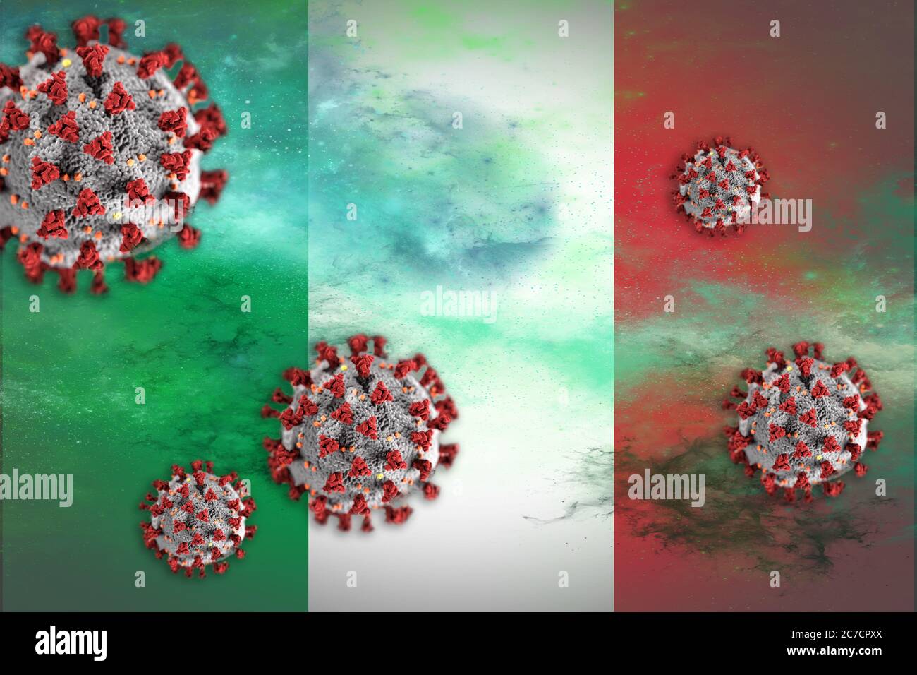 Concetto di Coronavirus o di particelle di Covid-19 che oscilla bandiera italiana simboleggiando l'epidemia. Foto Stock