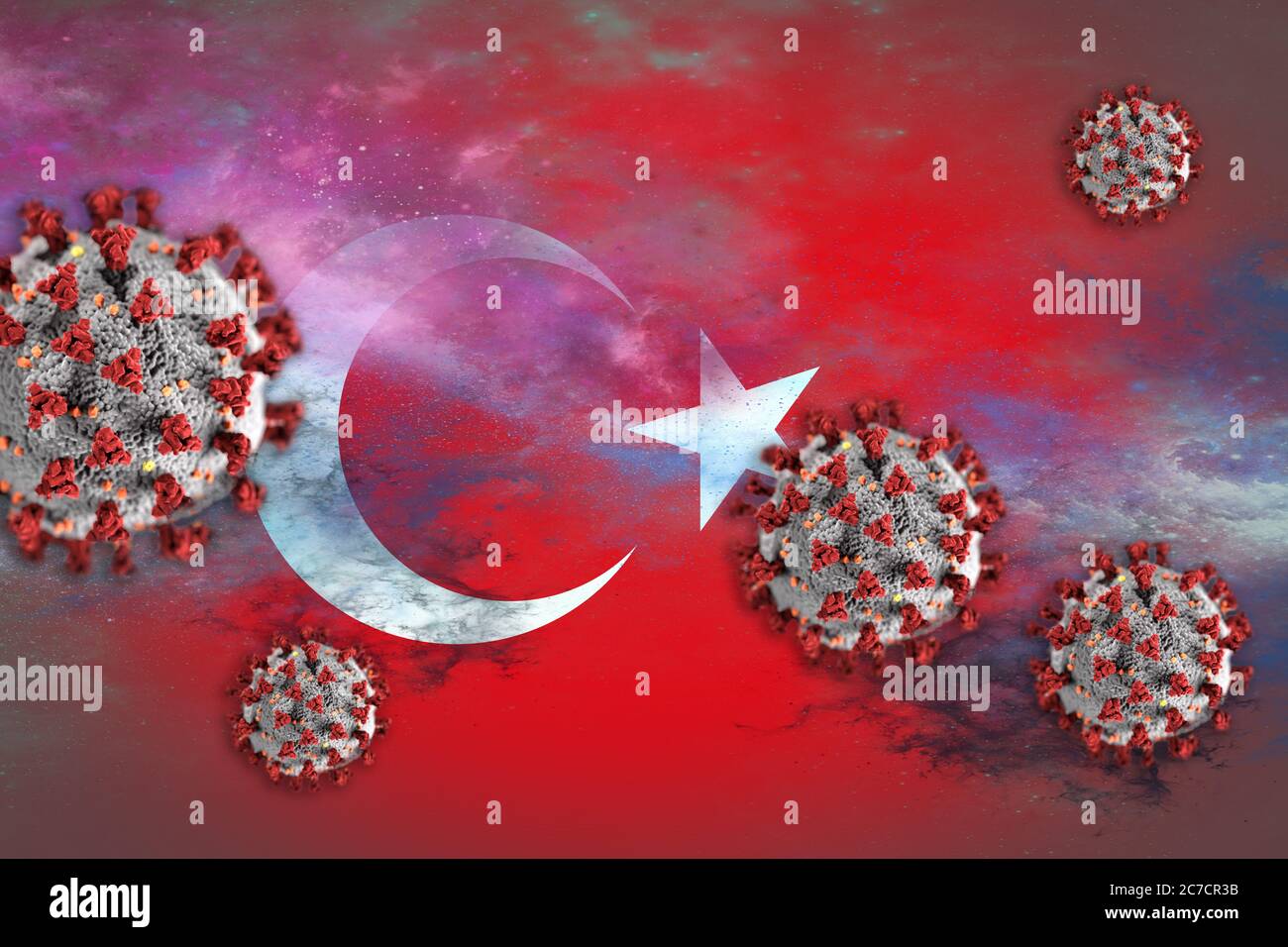 Concetto di Coronavirus o di particelle di Covid-19 che oscilla bandiera della Turchia simboleggiando l'epidemia. Foto Stock