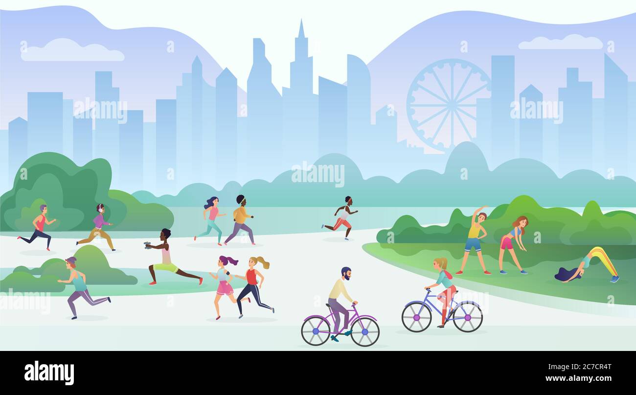 Sport fisico attività all'aperto nel parco pubblico della città. La gente corre, va in bicicletta e fa yoga. Sport e fitness, stile di vita sano concetto di illustrazione vettoriale Illustrazione Vettoriale