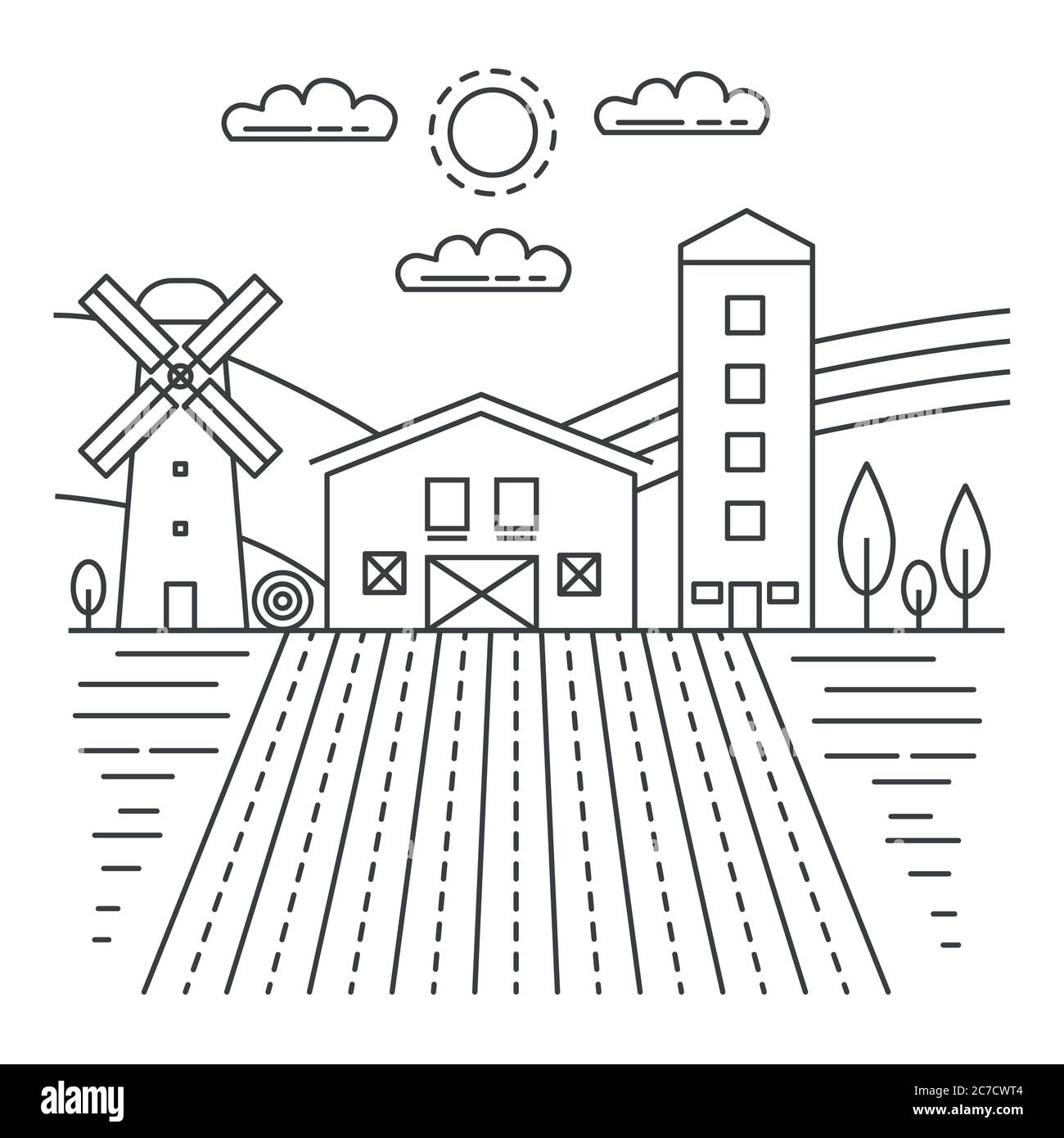 Banner Agriturismo - paesaggio agricolo con elementi di contorno di prodotti ecologici e biologici. Illustrazione vettoriale in stile line art. Illustrazione Vettoriale