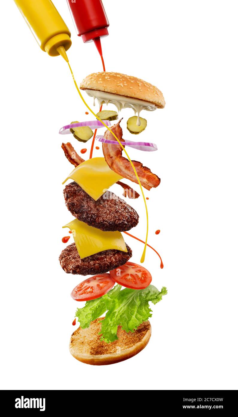 Cheeseburger con aggiunta di senape e ketchup Foto Stock