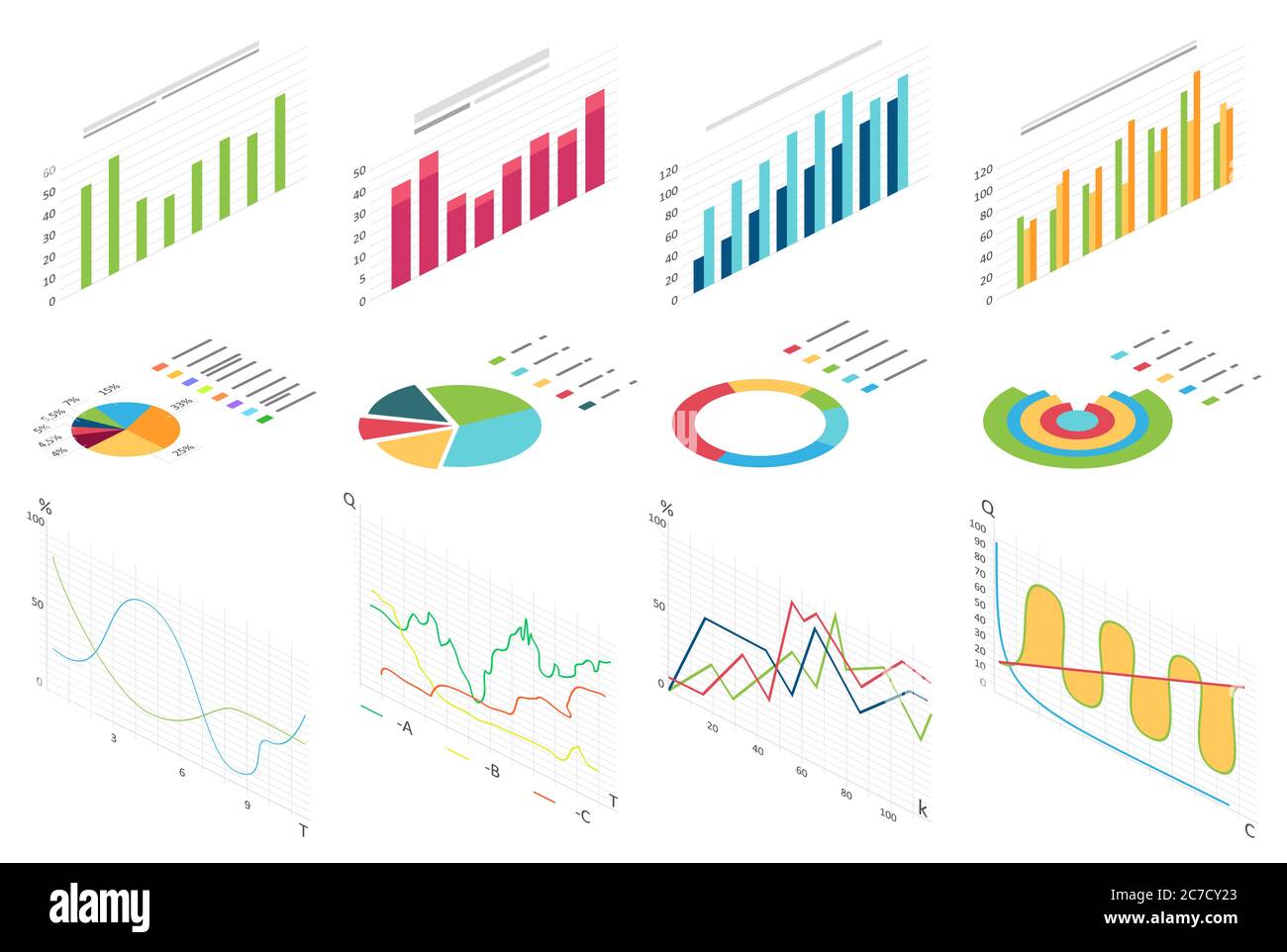 Grafico isometrico flat data finance, grafici di business finance per infografica. Dati grafici delle forme d'onda, statistiche dei diagrammi 2d, colonne informative illustrazione vettoriale isolata Illustrazione Vettoriale