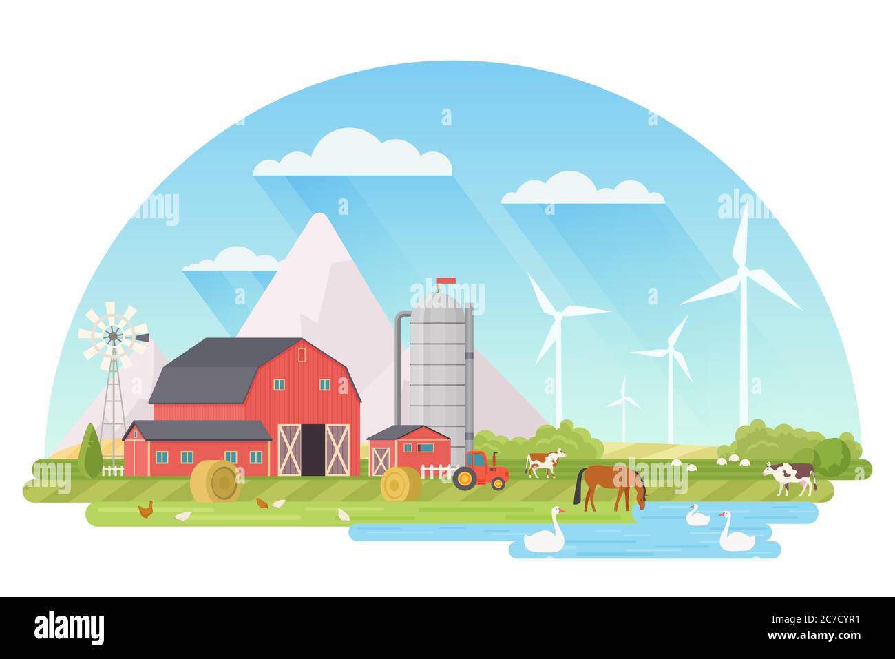 Fattoria paesaggio rurale Agricoltura e Farming cartoon illustrazione vettoriale Illustrazione Vettoriale