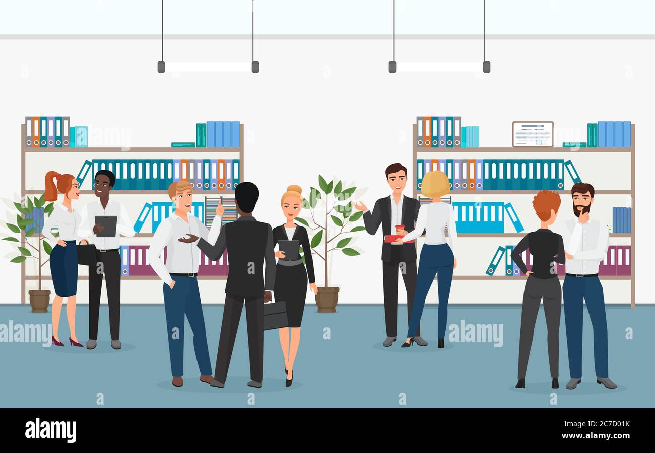 Uomini d'affari multietnici e donne d'affari che parlano tra loro mentre si trovano vicino a scaffali con cartelle in ufficio Illustrazione Vettoriale
