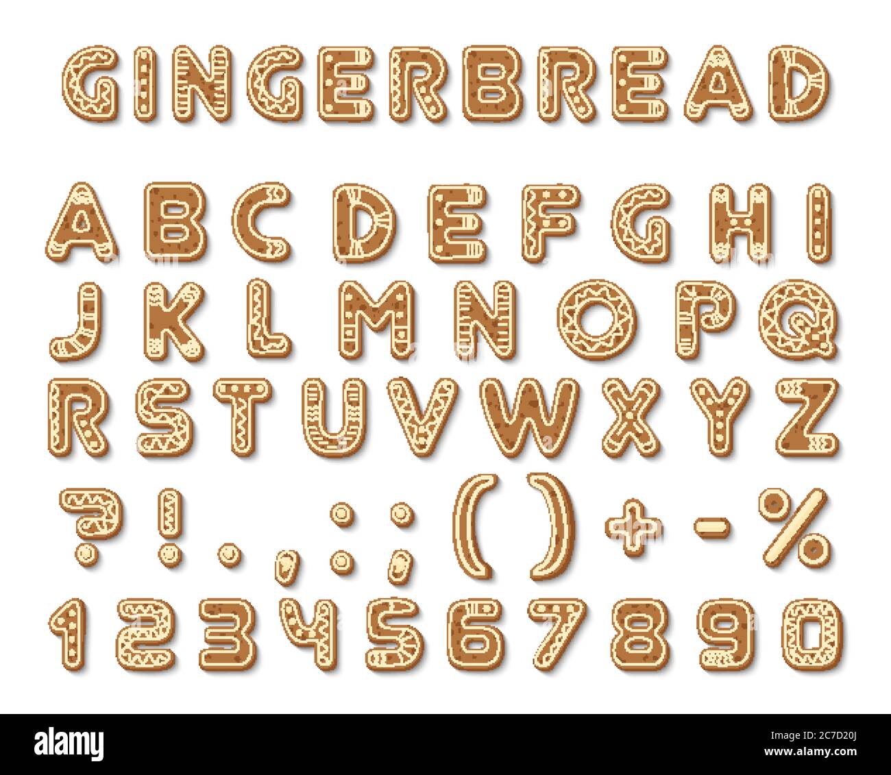 Set di biscotti vettoriali di gingerbread marrone scuro gustose lettere font alfabeto inglese a forma deliziosa, glassa-zucchero coperto segni, numeri arabi isolati su sfondo bianco Illustrazione Vettoriale