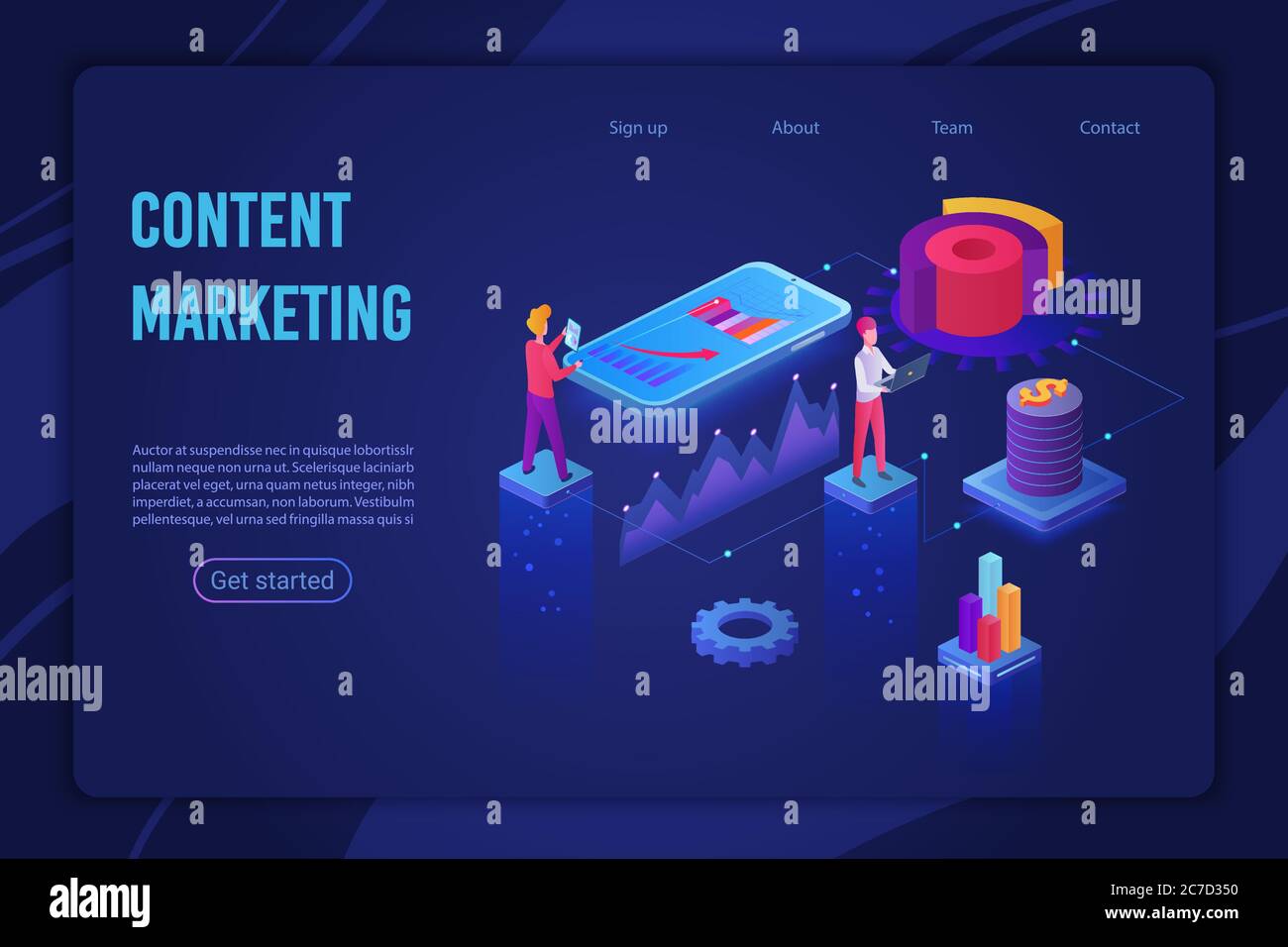 Content marketing strategia luce ultravioletta landing page isometrica vettore template. Marketing digitale, condivisione di contenuti, social media. Creazione, distribuzione del layout della home page del sito Web Illustrazione Vettoriale