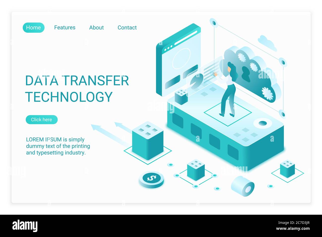 Modello vettoriale isometrico della landing page della tecnologia di trasferimento dati. Concetto 3d di cloud computing. Scambio di informazioni. Servizio di memorizzazione dati, layout della homepage del sito Web dell'applicazione di trasmissione Illustrazione Vettoriale