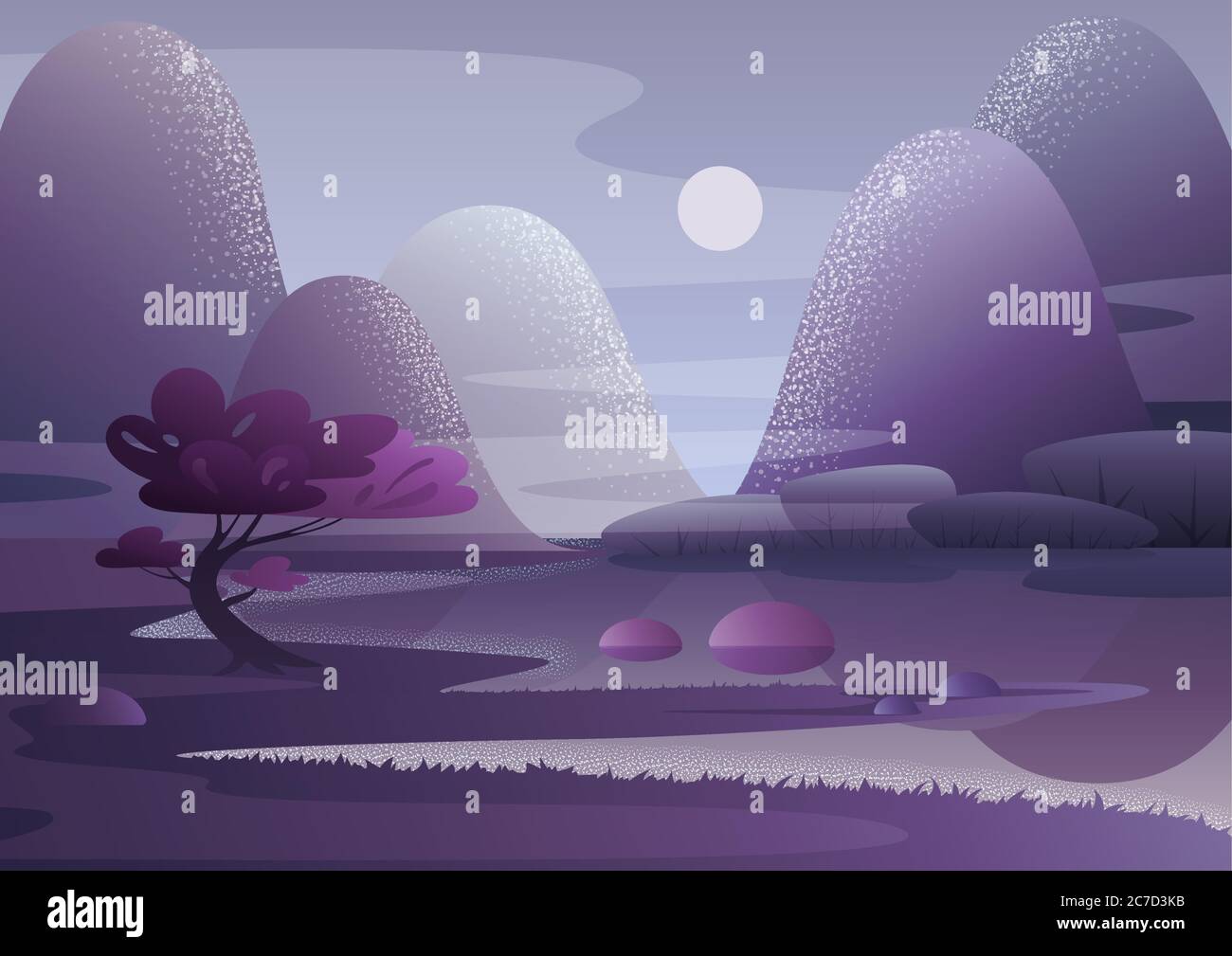 Albero viola che cresce sulla riva di lago gorgogliante contro le colline e cielo sera con la luna. Giapponese asiatico, cinese stile vettoriale illustrazione Illustrazione Vettoriale