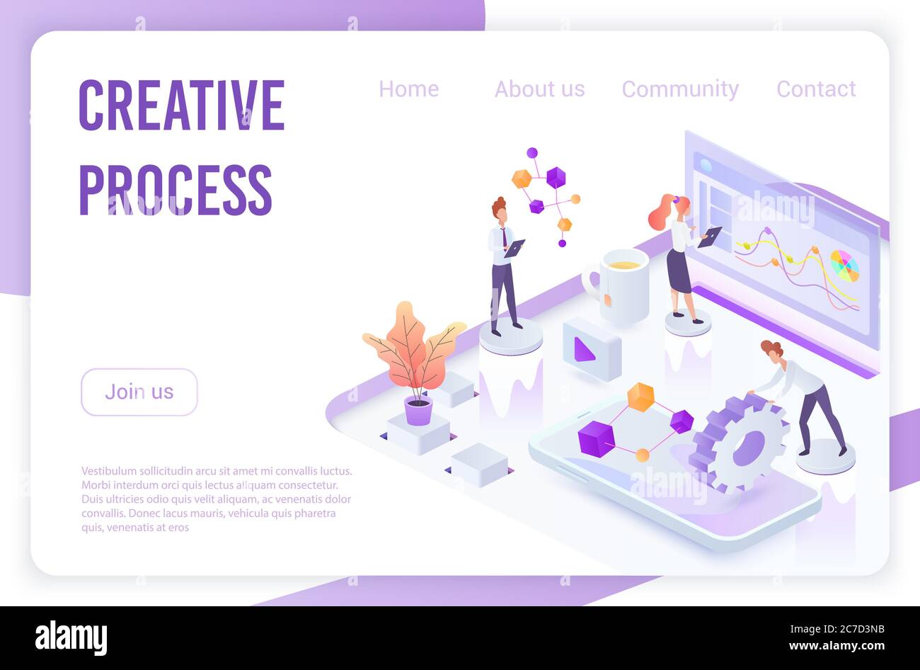 Persone isometriche che spingono gli ingranaggi e analizzano i dati mentre svolgono lavori di processo creativo. Illustrazione del modello della pagina di destinazione Illustrazione Vettoriale