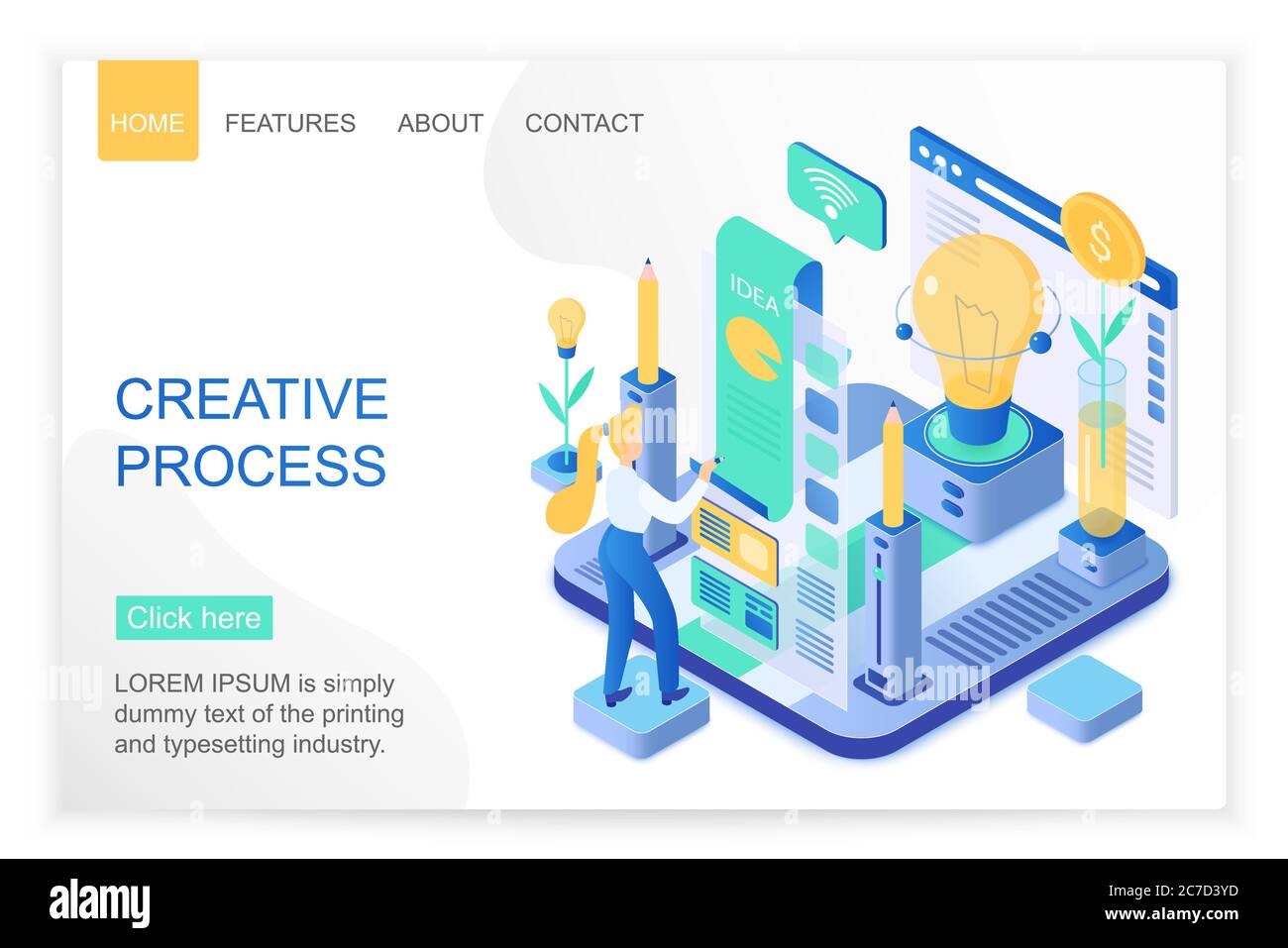 Modello vettoriale della pagina di destinazione isometrica del processo creativo. Layout del sito Web del servizio di progettazione grafica. Generazione e sviluppo di idee, brainstorming, concetto 3d del flusso di lavoro. Pagina Web strategia aziendale Illustrazione Vettoriale