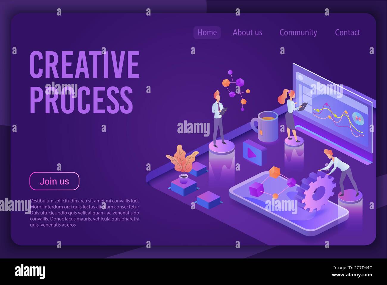 Processo creativo modello vettoriale della pagina di destinazione luce al neon viola scuro isometrico. Layout del sito Web del servizio di progettazione grafica. Generazione di idee, brainstorming, concetto 3d del flusso di lavoro. Pagina Web strategia aziendale Illustrazione Vettoriale