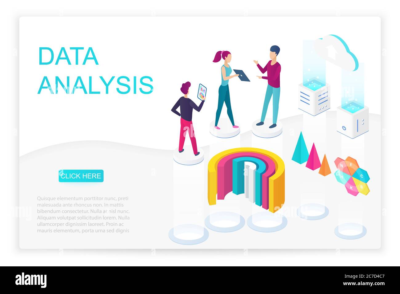 Modello vettore della landing page isometrica per l'analisi dei dati. Infografiche, statistiche, visualizzazione dati concetto 3d. Ricerca di mercato e report layout di progettazione di siti web. Web Analytics, pagina Web delle metriche Illustrazione Vettoriale