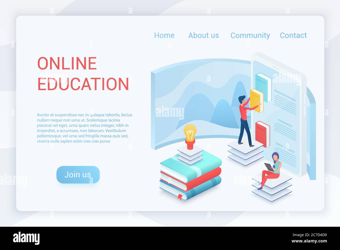 Formazione online, elearning modello vettoriale della landing page isometrica. Biblioteca virtuale, programma di e learning, ebook lettura sito web design layout. Corsi online, lezioni, formazione 3D Concept Illustration Illustrazione Vettoriale