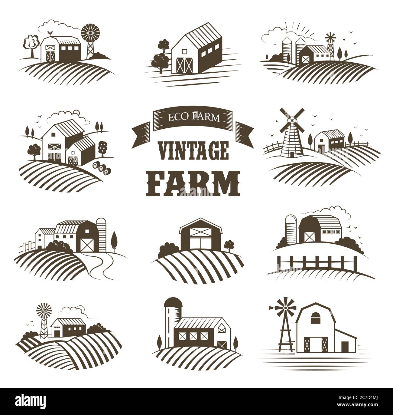 Set di ecotorie annate isolate, paesaggi, etichette per prodotti naturali agricoli. Farm House Concept Collection. Illustrazione vettoriale stile taglio a legno retro Illustrazione Vettoriale