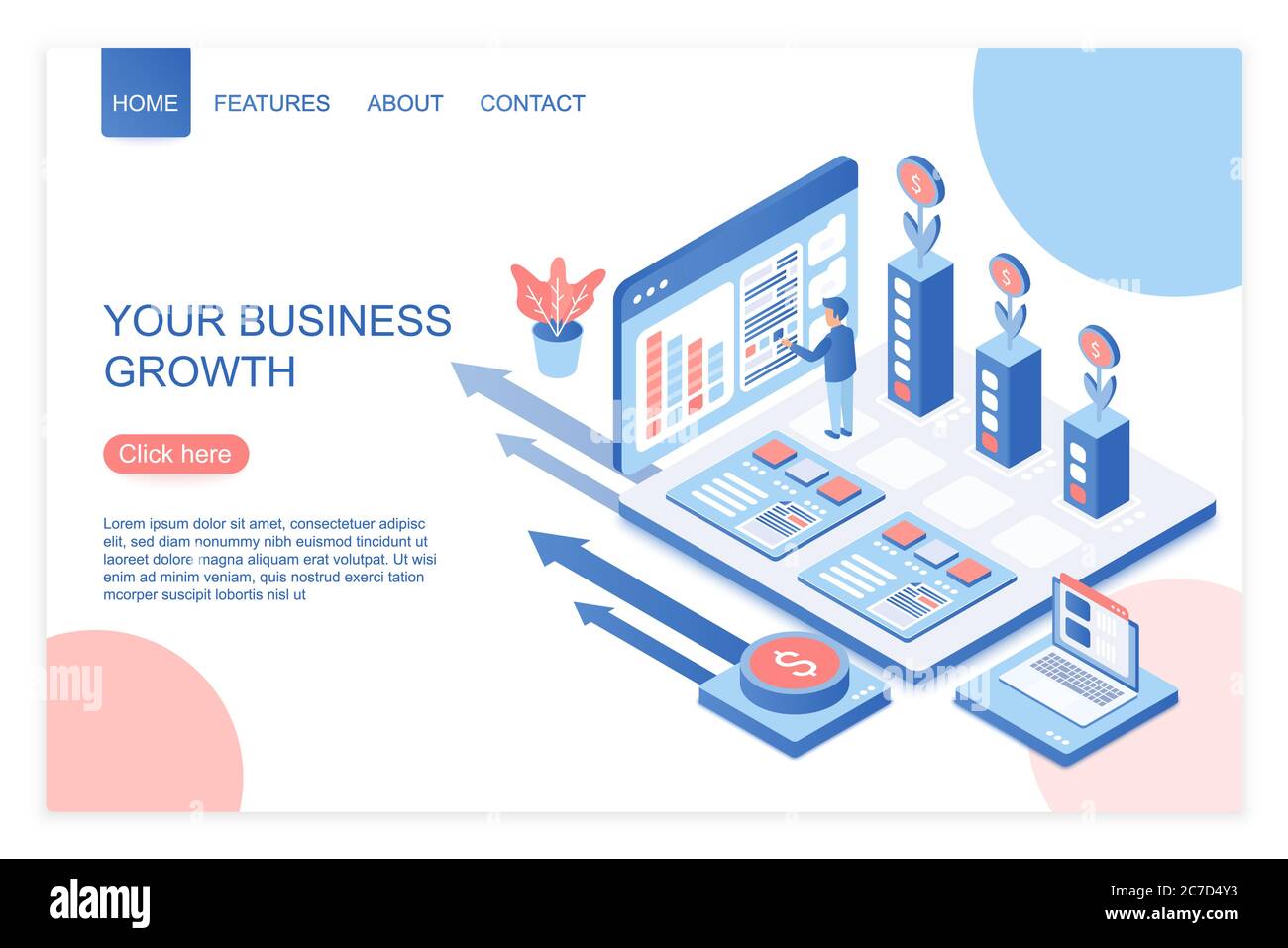 Modello vettoriale isometrico della pagina di destinazione dello sviluppo e della crescita aziendale. Investimenti e la formazione del capitale layout di progettazione del sito web. Concetto 3d di tecnologie aziendali. Gestione di progetti, startup Illustrazione Vettoriale