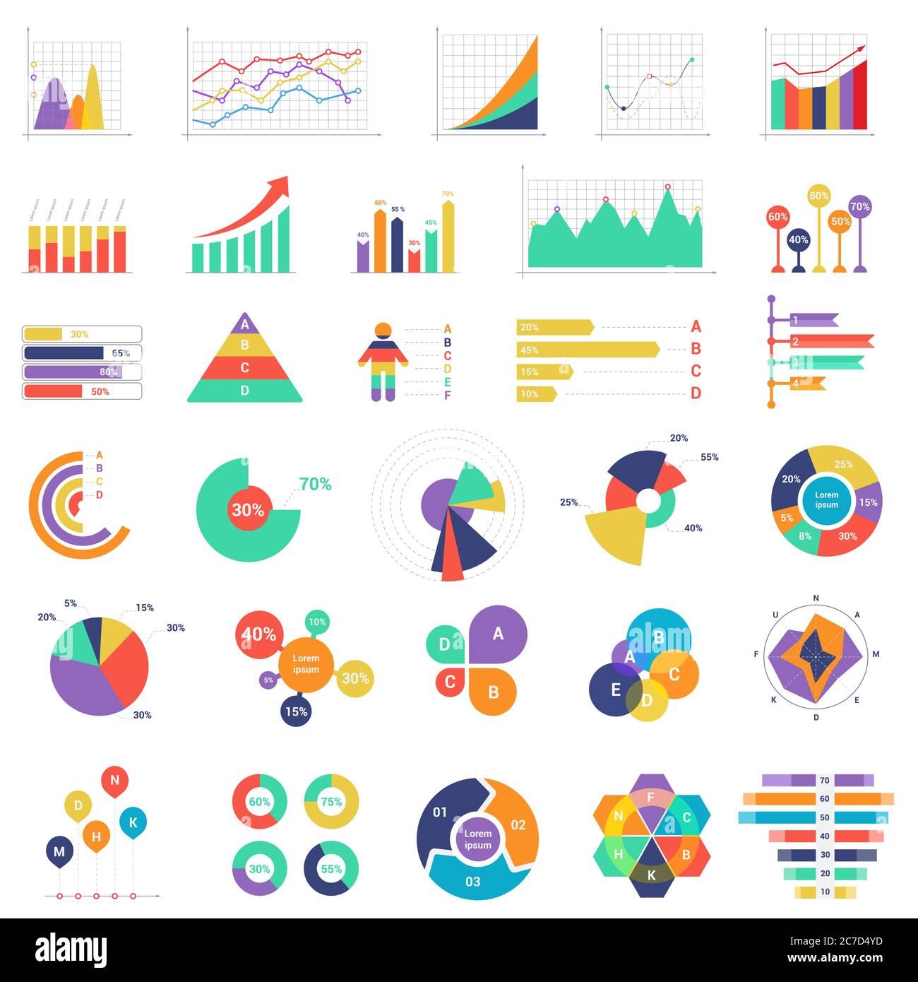 Set di grafici vettoriali colorati e diagrammi per illustrazione vettoriale di finanza, analisi e presentazione aziendale Illustrazione Vettoriale