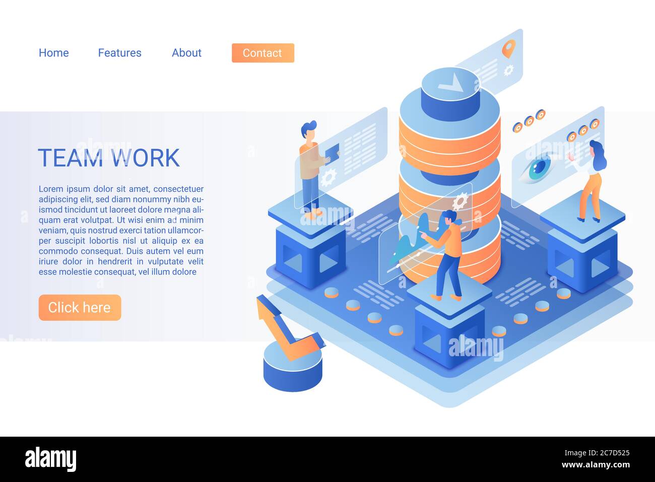Modello vettore isometrico della pagina di destinazione del team Working. Analisi del mercato azionario e monitoraggio del concetto di banner Web 3d. Marketing e analisti lavoro di squadra. Innovazione aziendale, layout della home page del sito di analisi Illustrazione Vettoriale