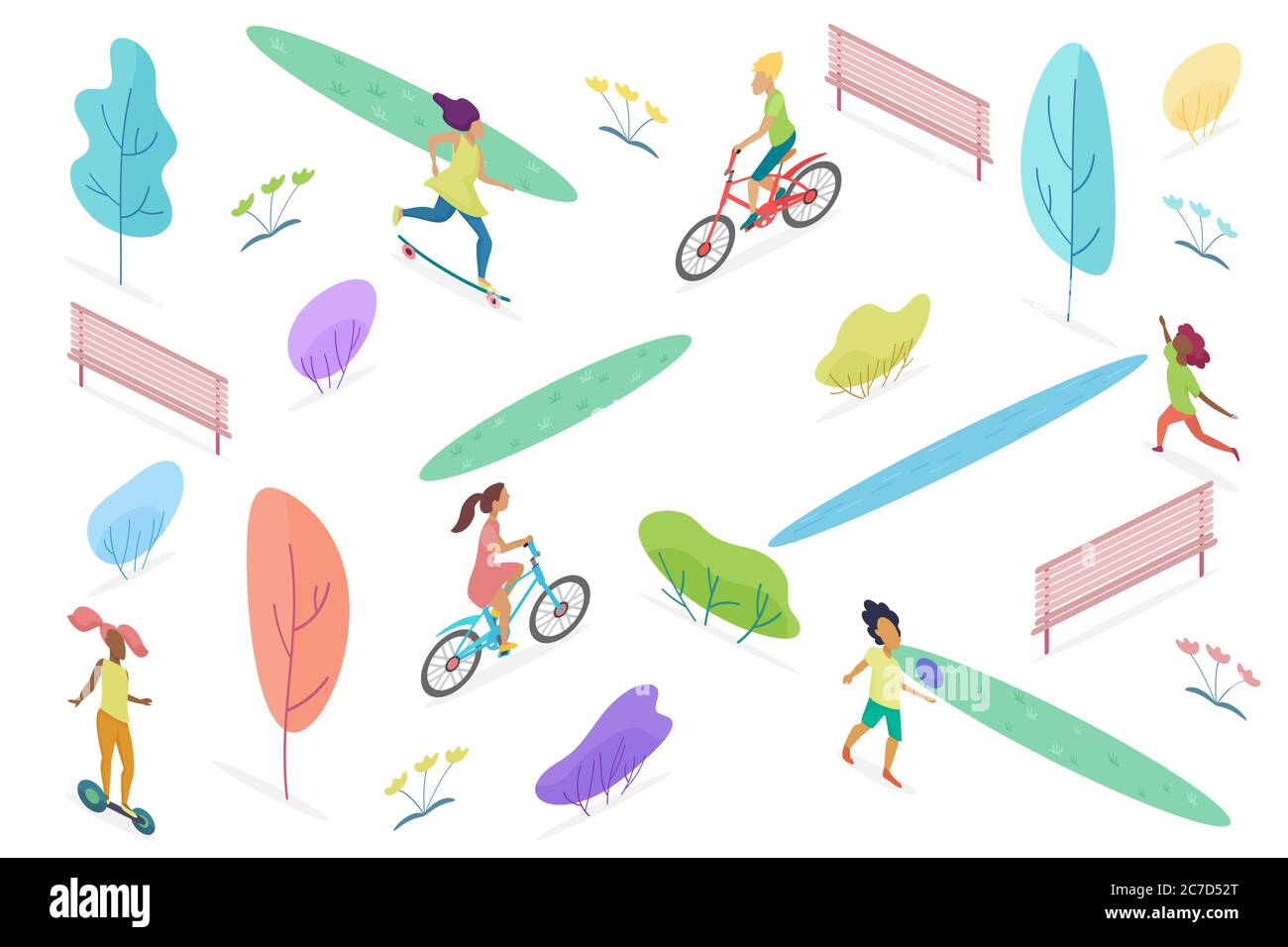 Parco pubblico isometrico con passeggiate, passeggiate a cavallo e giochi per bambini isolati. Parco divertimenti per bambini illustrazione vettoriale Illustrazione Vettoriale