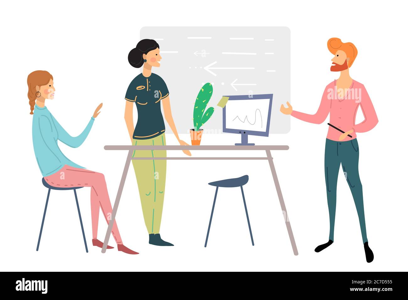 Scena personale ufficio. Uomini e donne che partecipano a incontri d'affari, negoziati, brainstorming, parlando a vicenda cartoni animati illustrazione vettoriale Illustrazione Vettoriale