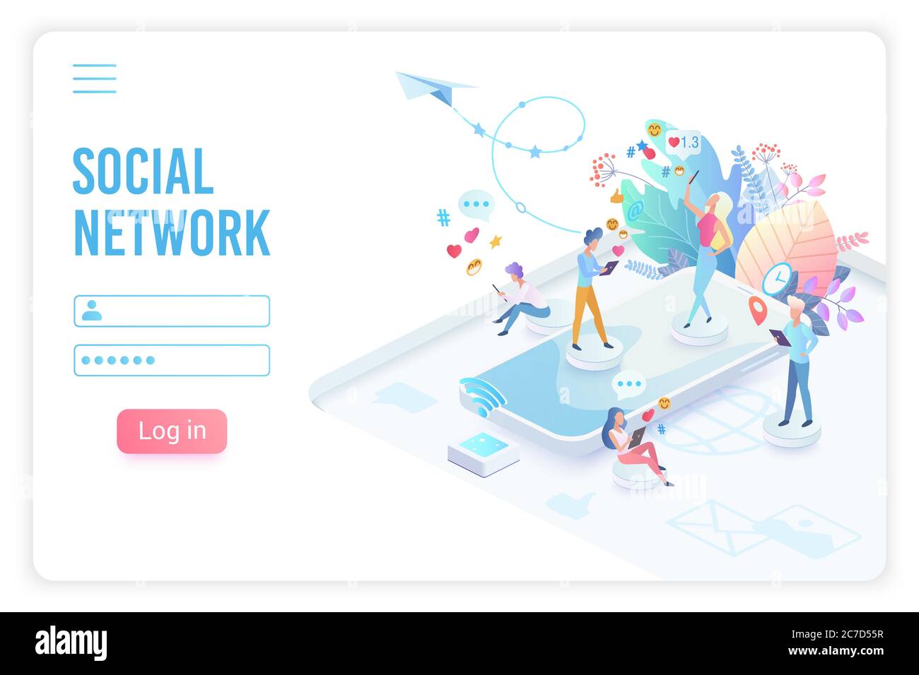 Modello vettoriale della pagina di destinazione isometrica dell'applicazione di social network. Comunicazione online, chat sito web applicazione smartphone design layout. Networking, social media service login 3d illustrazione concettuale Illustrazione Vettoriale