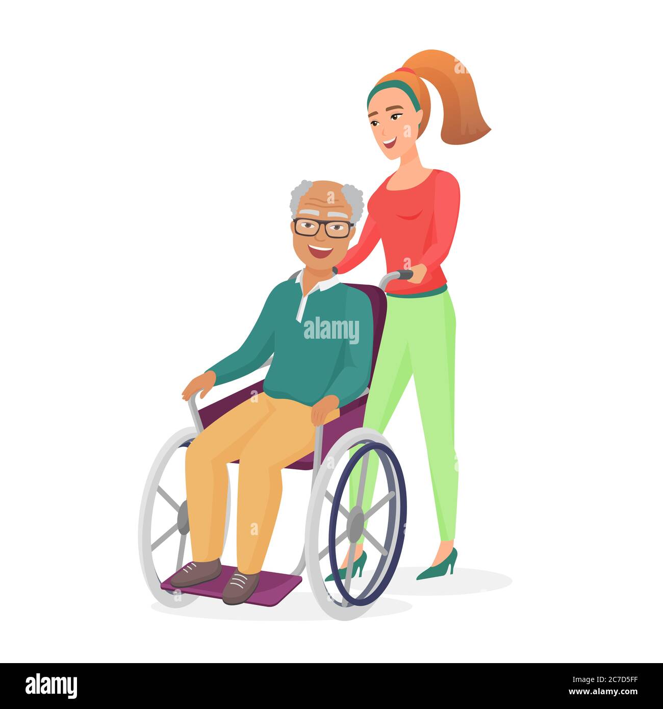 Sorridente giovane donna sana lavoratore sociale o figlia, si prende cura di anziani disabili positivo papà o nonno in sedia a rotelle isolato vettore illustrazione Illustrazione Vettoriale