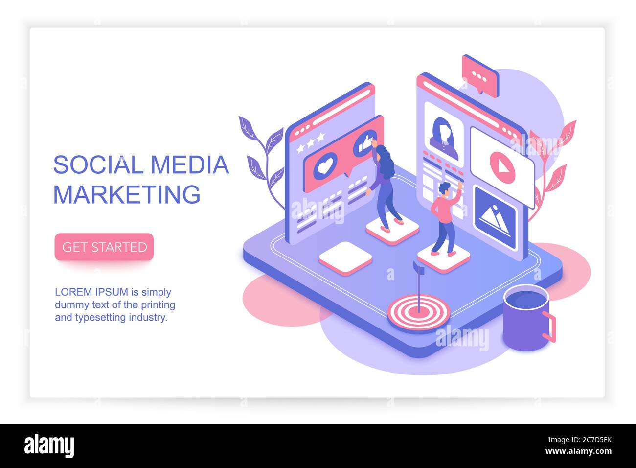 Informazioni di marketing sui social media con persone 3d isometrico Landing pagina web modello di pagina illustrazione vettoriale Illustrazione Vettoriale