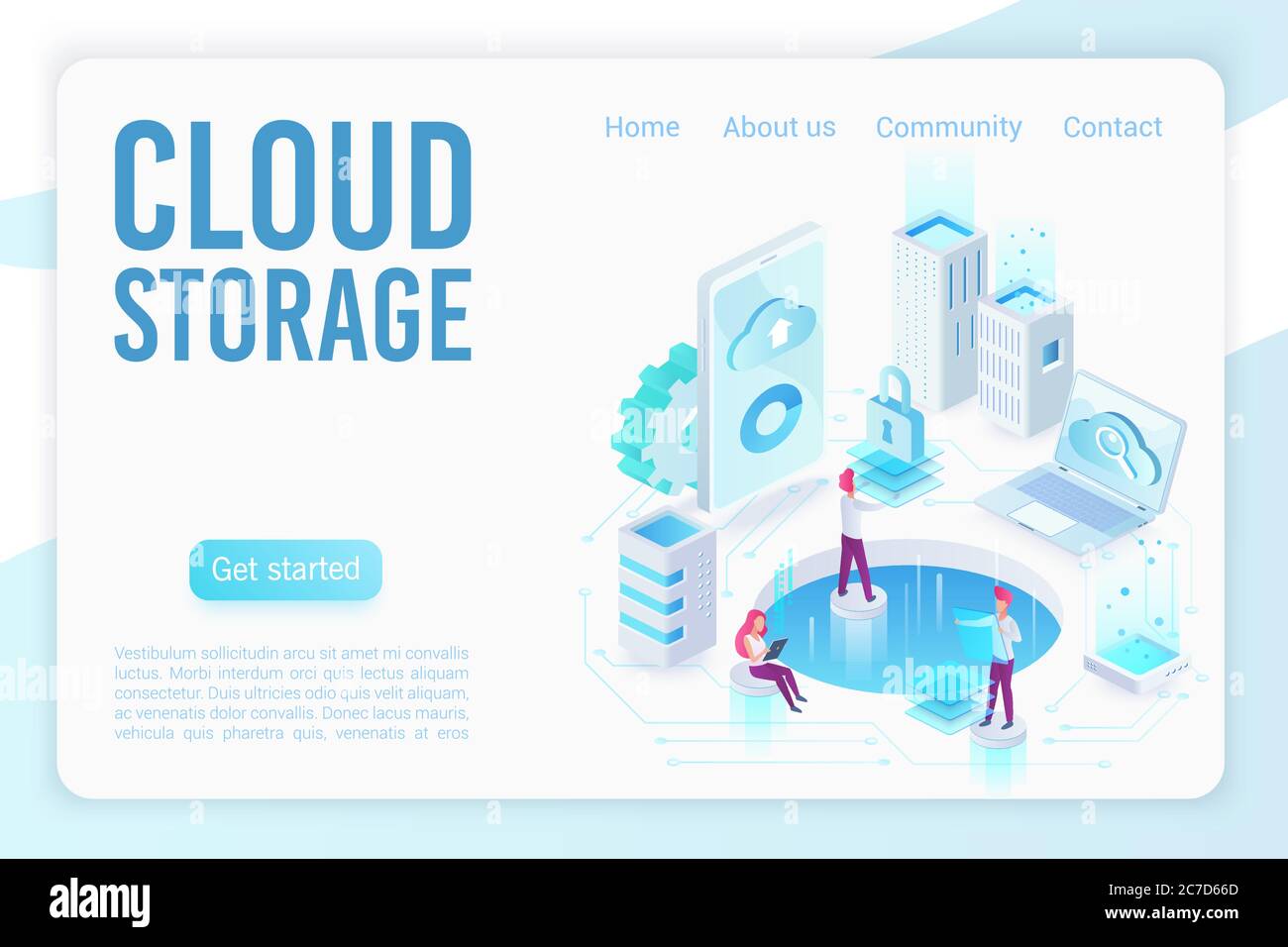 Modello di pagina di destinazione vettoriale isometrico a luce morbida per l'archiviazione su cloud. Backup dei dati, web hosting sito web design. Concetto 3d di servizi di cloud computing, database, server leggero neon. Caricamento dati su Webstorage Illustrazione Vettoriale