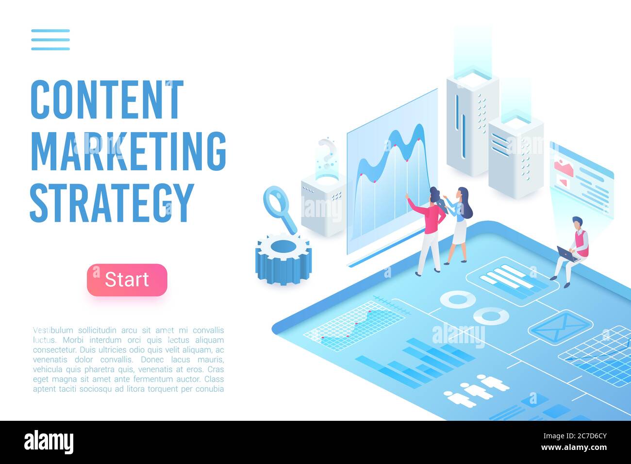 Modello vettoriale isometrico della landing page della strategia di marketing dei contenuti. Approccio strategico al business concetto 3d. Social media, marketing digitale. Creazione, distribuzione del layout della home page del sito Web Illustrazione Vettoriale