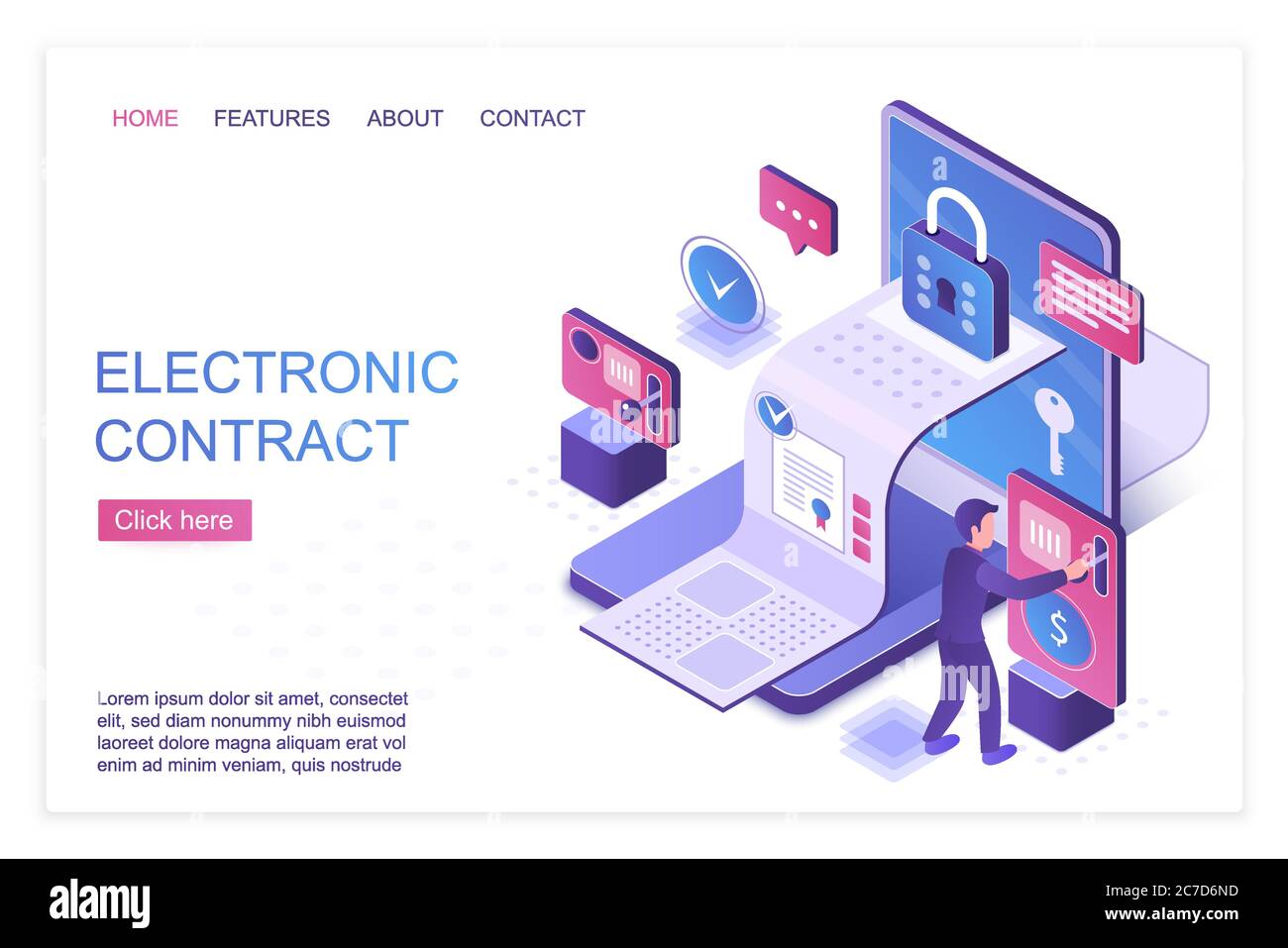 Modello vettore pagina di destinazione isometrica contratto elettronico. Protezione e crittografia dei dati personali, layout di progettazione dei siti Web dei servizi di sicurezza informatica. Contratto intelligente, concetto 3d di accordo digitale Illustrazione Vettoriale