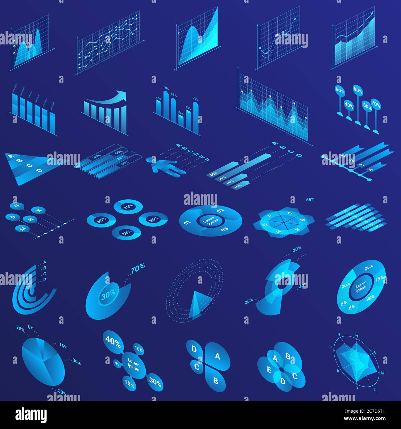 Set di illustrazioni al neon blu isometriche per infografiche. Icona del colore di crescita della freccia del grafico. Analisi dei dati, analisi delle statistiche. Grafici a torta, diagrammi pacchetto di clipart isolate. Sondaggio, risultato del questionario Illustrazione Vettoriale