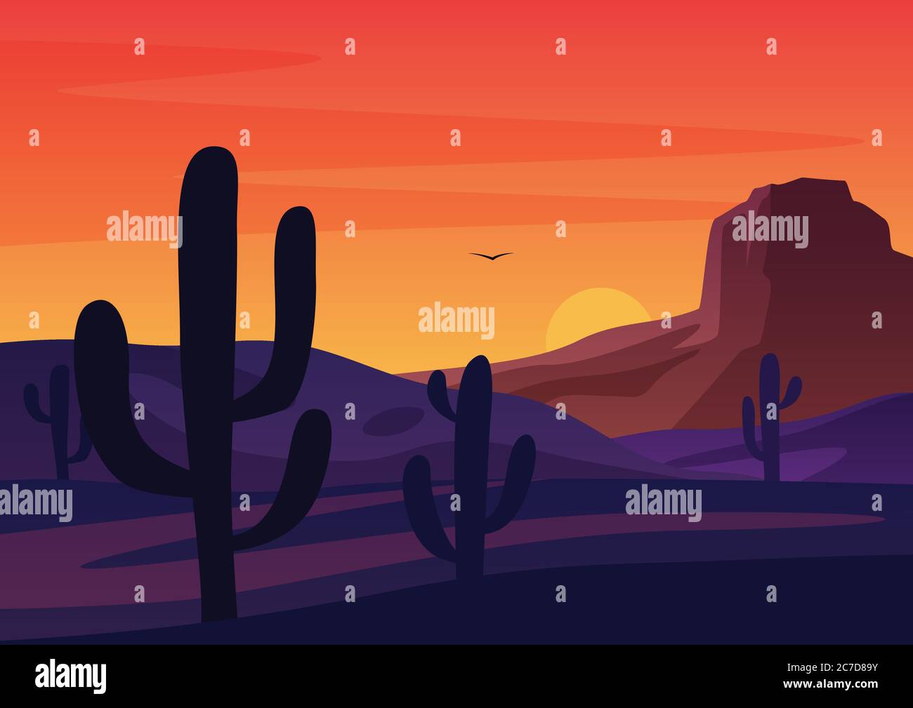 Sagome di cactus che crescono nel deserto secco contro il tramonto luminoso tramonto cielo fumetto illustrazione vettoriale Illustrazione Vettoriale