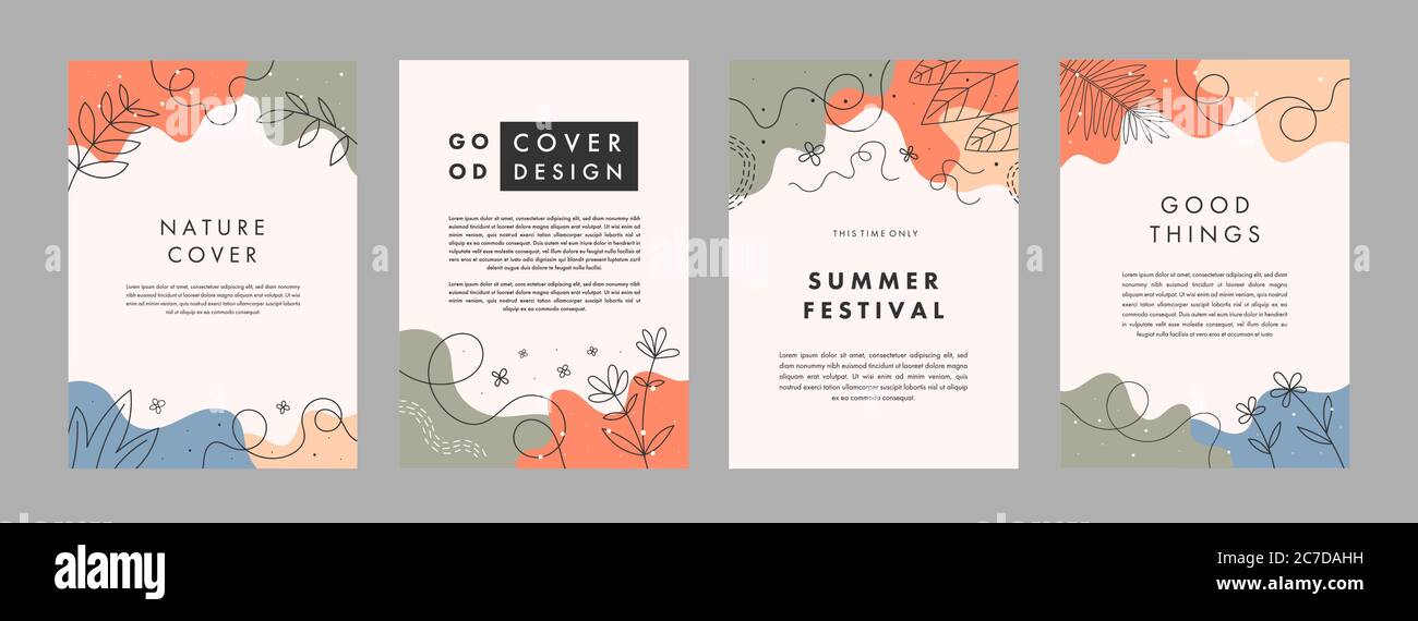 Insieme di modelli artistici creativi astratti. Disegni di copertina universali per rapporto annuale, opuscoli, volantini, presentazioni, opuscolo, rivista. Illustrazione Vettoriale