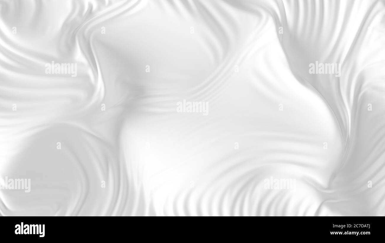 Sfondo bianco di seta. Primo piano di tessuto di seta increspato. Tessuto satinato bianco con pieghe e drappeggi. Tessuto ondulato sfondo astratto. rendering 3d. Foto Stock