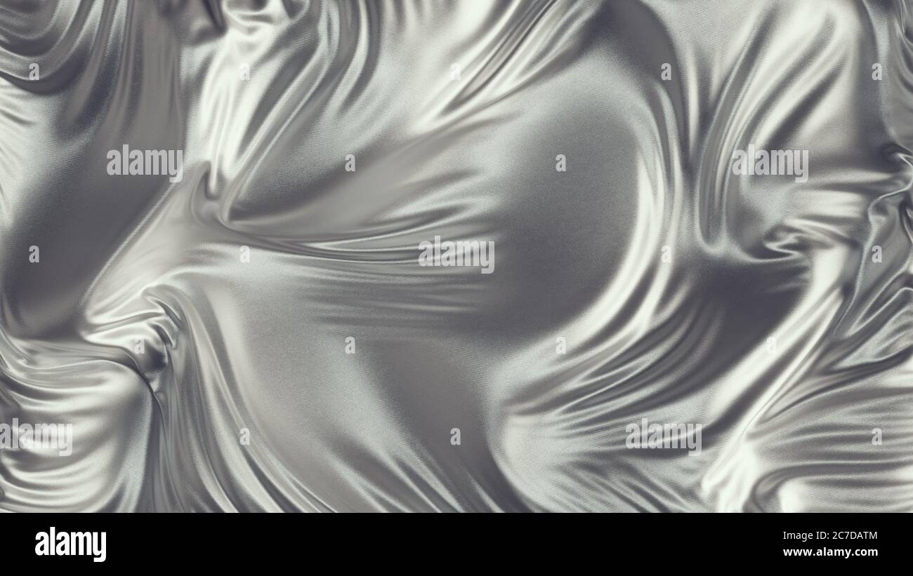 Sfondo di satin argento. Sfondo di seta ondulato. Stract luccicante glitter tessuto argento ondulato. rendering 3d. Foto Stock
