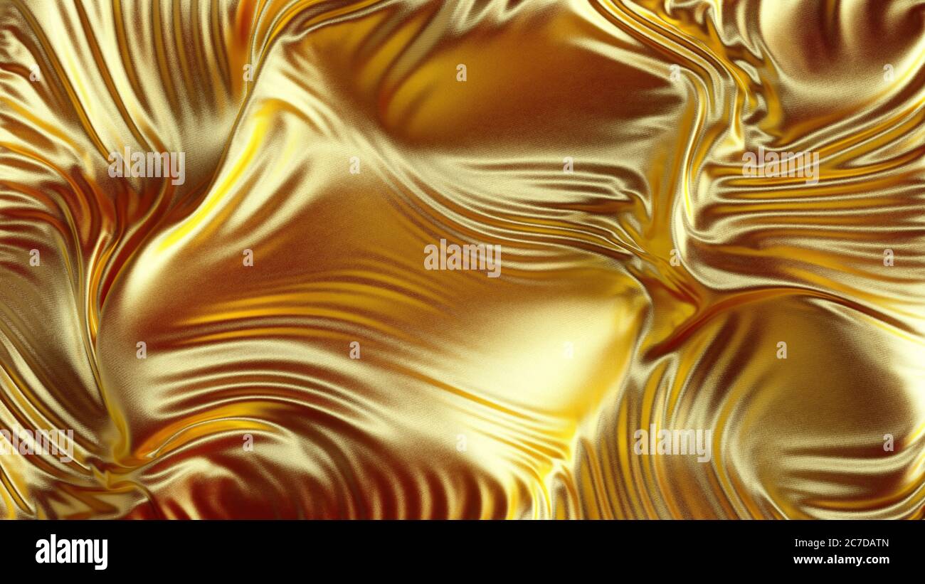 Elegante e lussuoso sfondo in raso di seta oro. Tessuto oro di satin con pieghe e drappeggi sfondo astratto. rendering 3d. Foto Stock