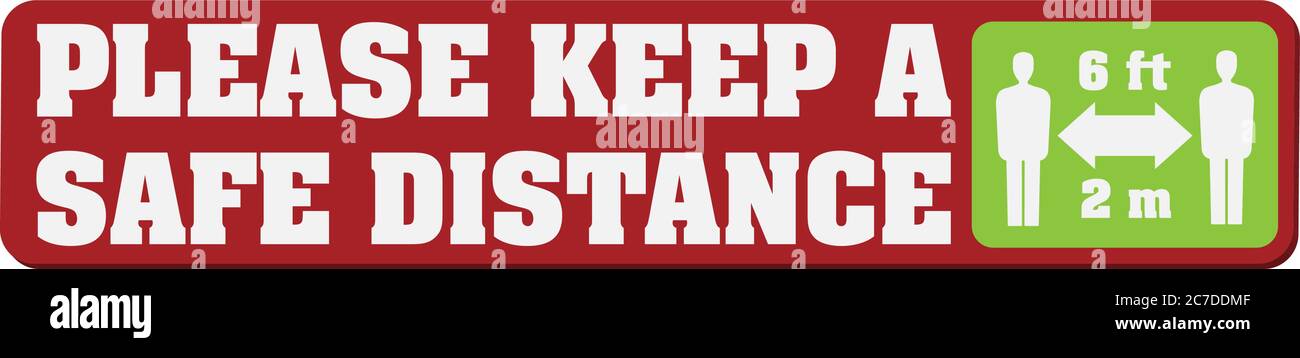 si prega di mantenere il banner o l'adesivo distanza di sicurezza, il concetto di distanza sociale durante la pandemia di coronavirus covid-19 e blocco Illustrazione Vettoriale