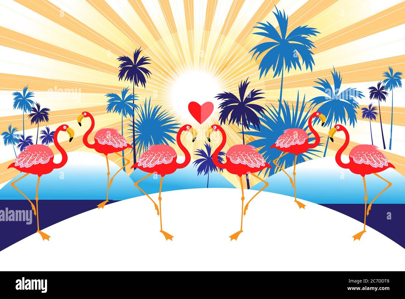 Sfondo vettoriale tropicale con fenicotteri rossi e palme. Design per la pubblicità vacanze esotiche nei tropici. Illustrazione Vettoriale