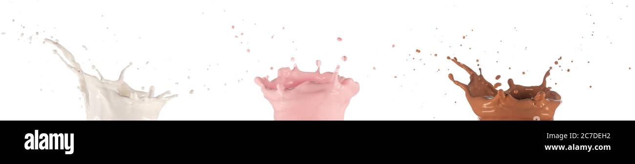 Raccolta di schizzi di latte con scuotimento isolato su sfondo bianco Foto Stock