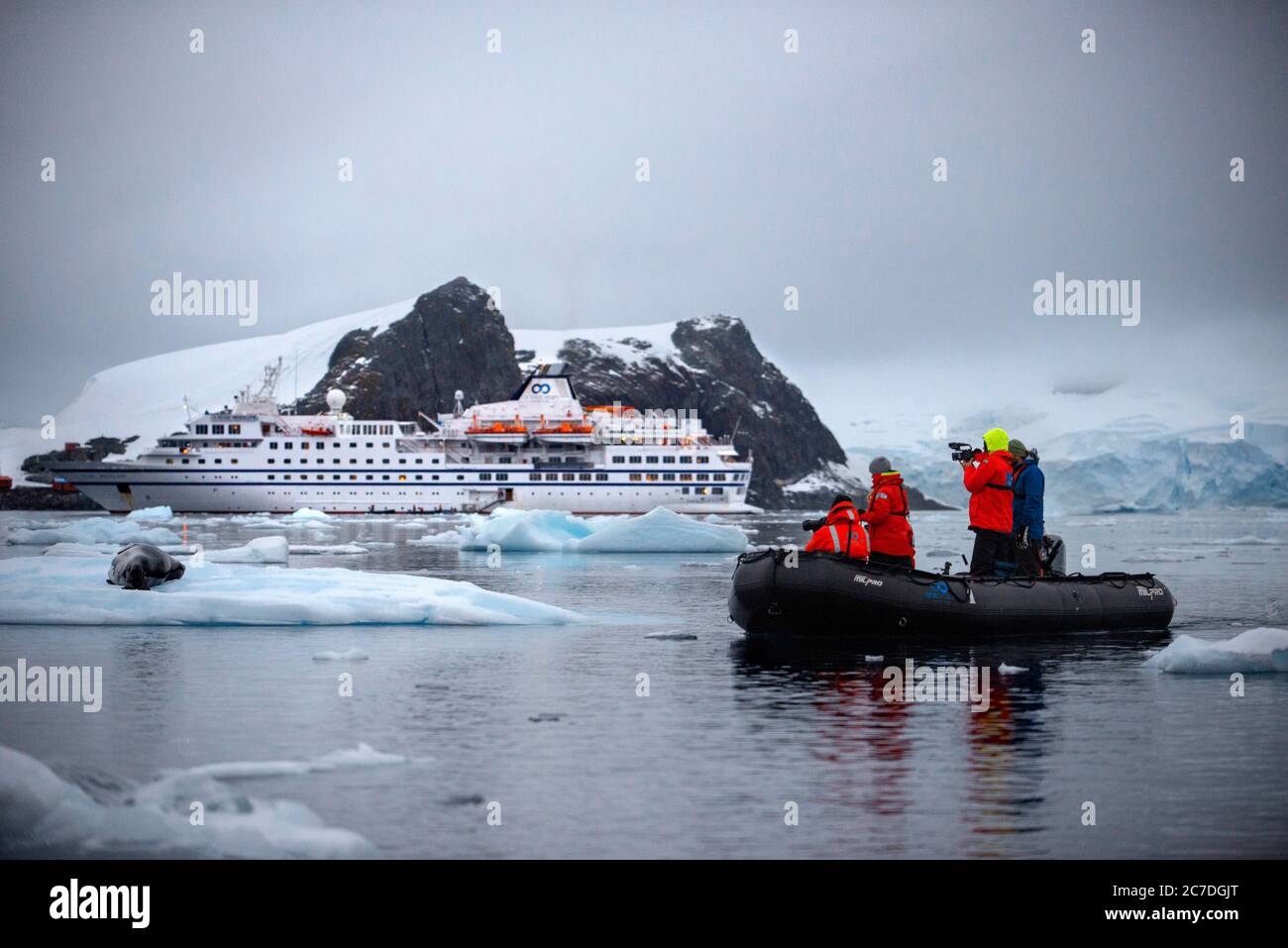 Ritratto di una foca leopardo, Hydrurga leptonyx, poggiata su un pavimento di ghiaccio. Turisti esplorando con zodiac Paradise Bay Antartico Penisola Antartica Antartide. Il Foto Stock