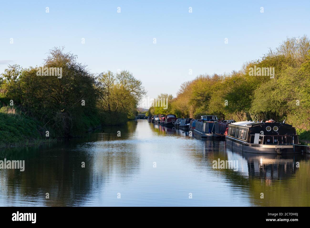 Barche ormeggiate sul fiume Lee vicino Cheshunt in Hertfordshire, Inghilterra, Regno Unito Foto Stock