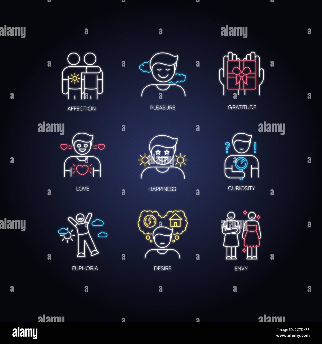 Sensazioni ed emozioni insieme di icone di luce al neon. Varie reazioni emotive segni con effetto di incandescenza esterno. Sentimenti positivi e stati mentali negativi. Illustrazione Vettoriale