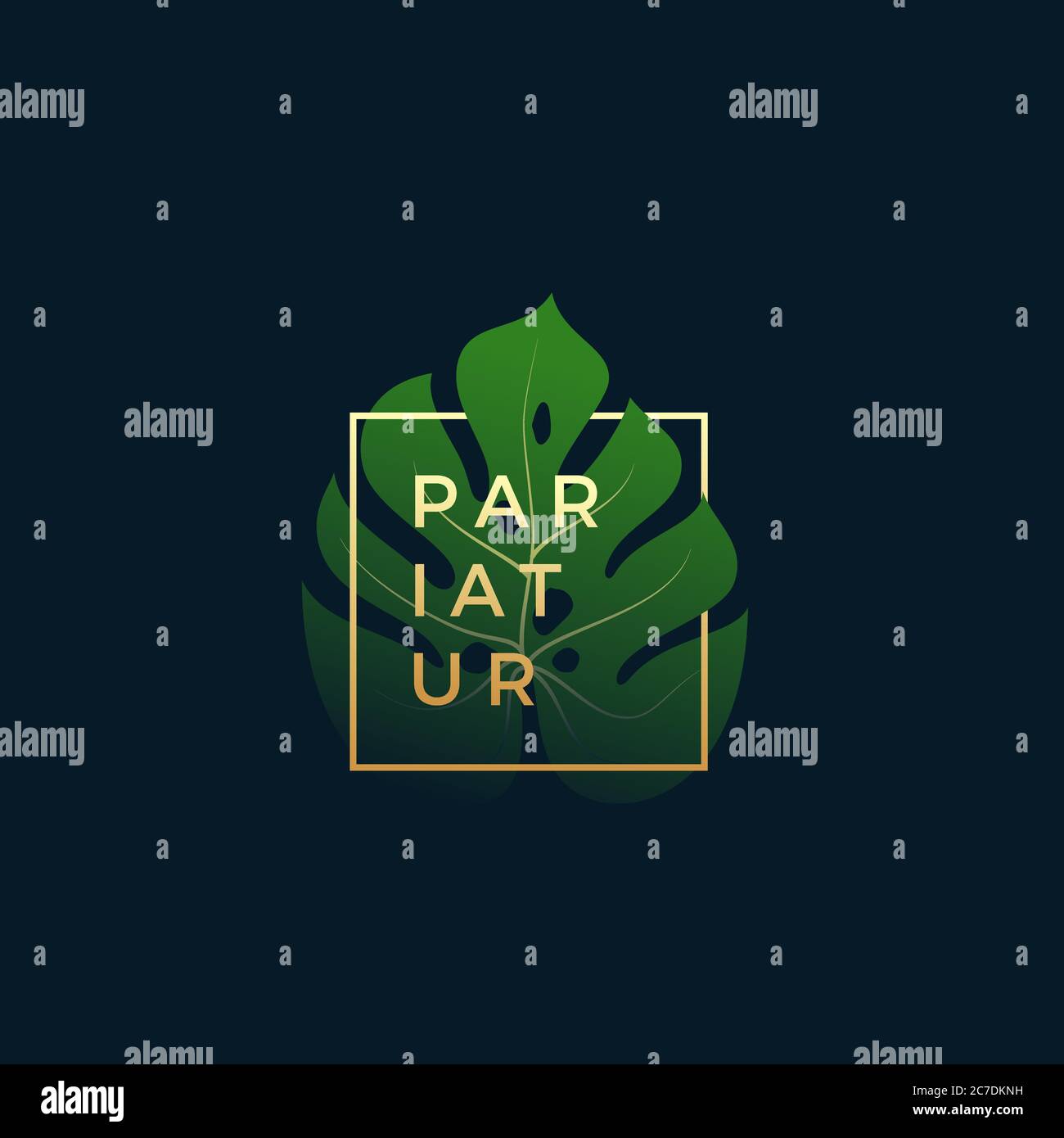 Foglia di palma di Monstera in una cornice dorata con tipografia moderna. Segno vettoriale astratto, simbolo o modello di logo. Elegante emblema o Card Design. Illustrazione Vettoriale